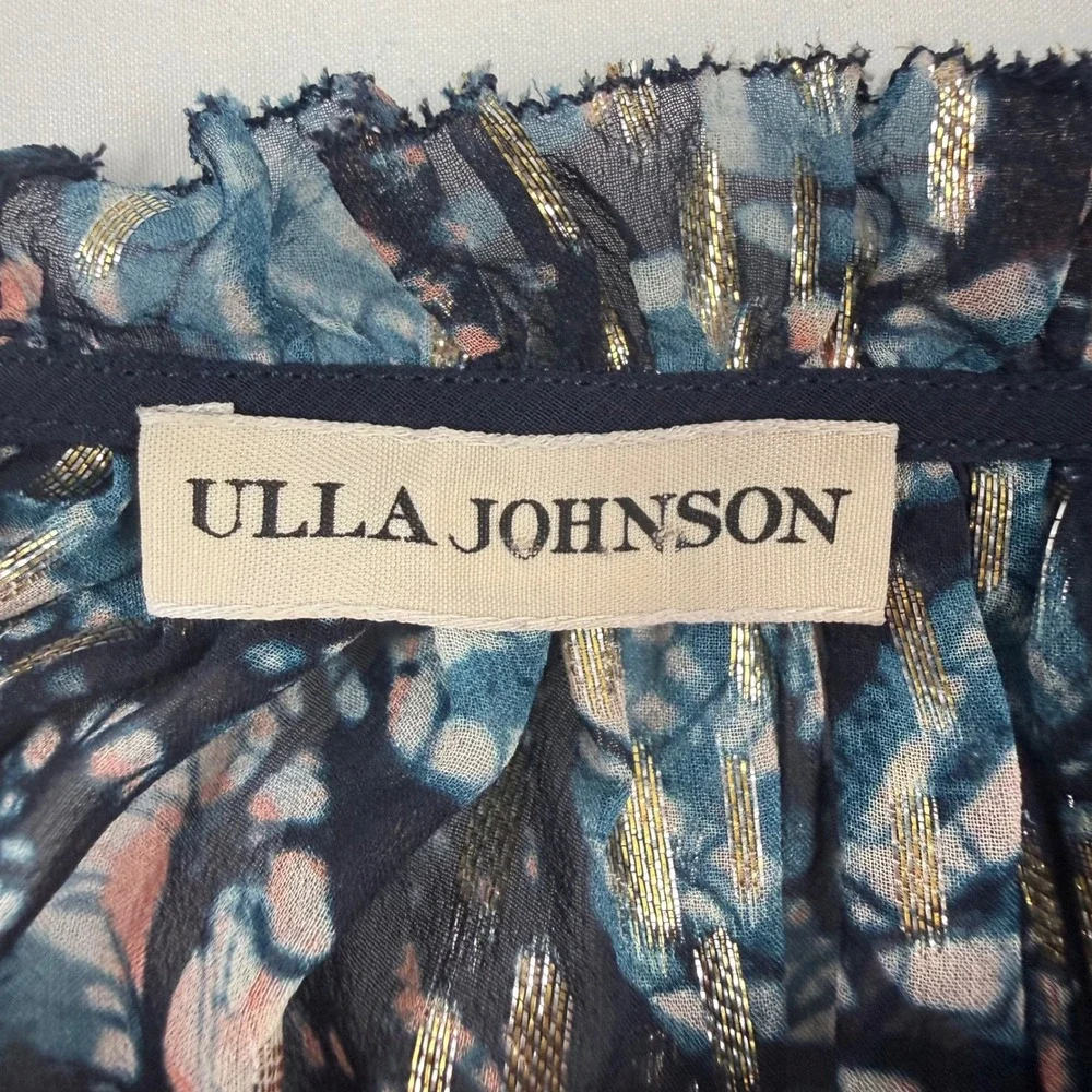Ulla Johnson Silk Lurex Metallic Ruffle Puff Sleeve Blouse Blue Pink Gold 4
